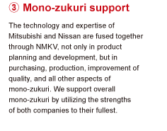 3.Mono-zukuri support The technology and expertise of Mitsubishi and Nissan are fused together through NMKV, not only in product planning and development, but in purchasing, production, improvement of quality, and all other aspects of Mono-zukuri. We support overall Mono-zukuri by utilizing the strengths of both companies to their fullest.